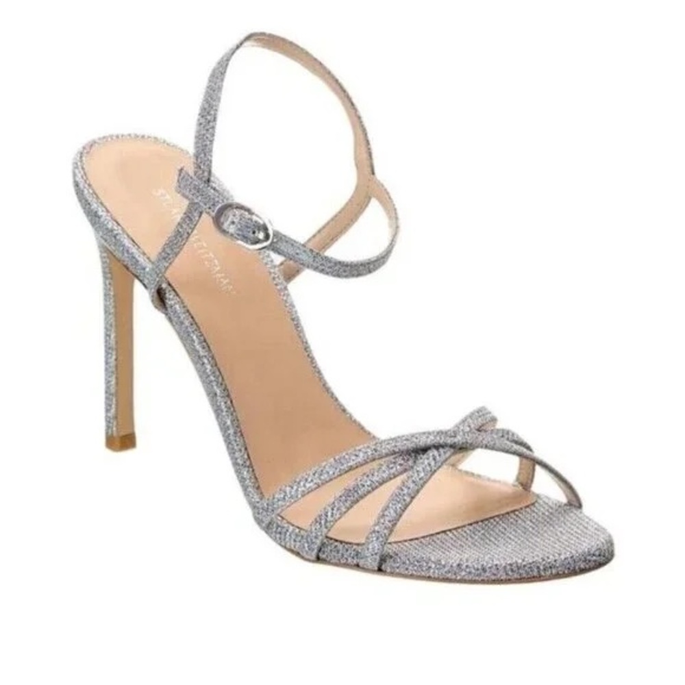 Stuart Weitzman Starla Metallic Silver Strappy High Heel Sandals Size 7.5